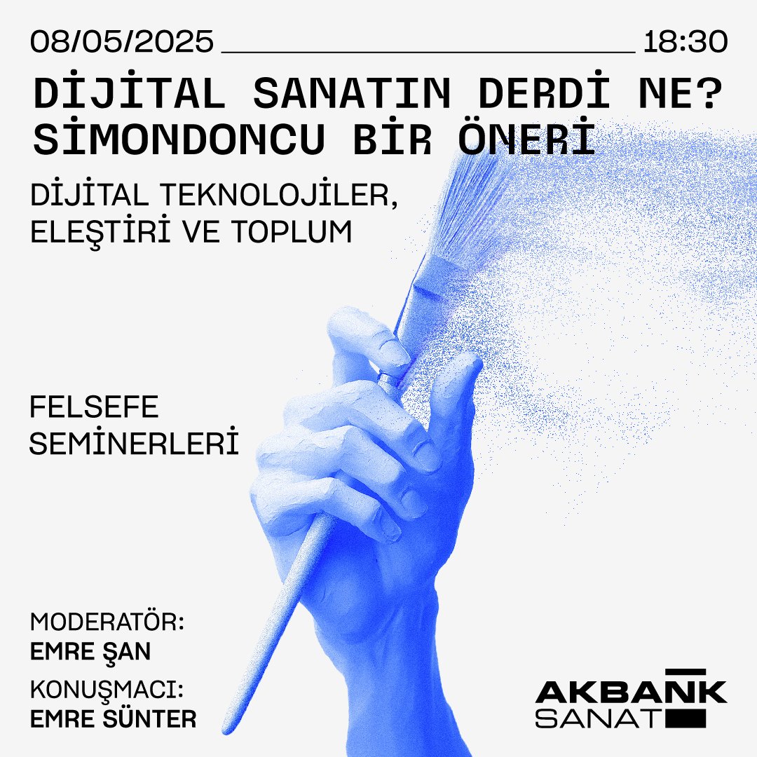 Bu sezon “Dijital Teknolojiler, Eleştiri ve Toplum” üst başlığı ile devam eden Felsefe Seminerleri, 8 Mayıs Perşembe akşamı saat: 18:30’da gerçekleşecek olan etkinliğinde Emre Sünter’i “Dijital Sanatın Derdi Ne? Simondoncu Bir Öneri” başlıklı konuşması ile konuk ediyor.