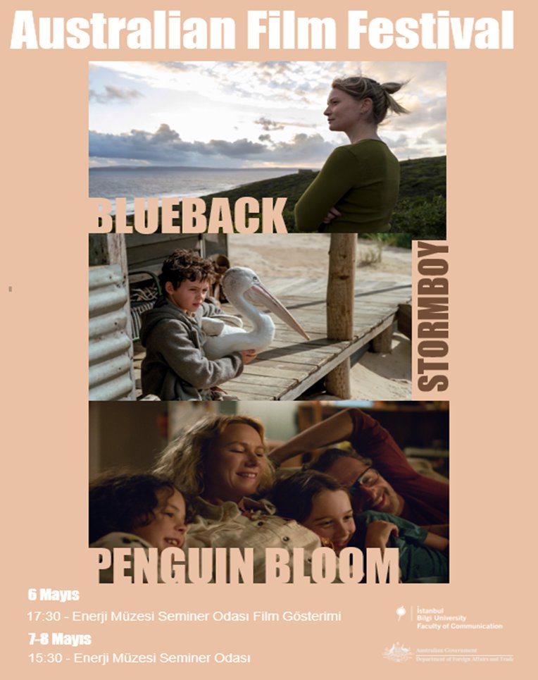 Avustralya Film Festivali İstanbul Bilgi Üniversitesi Santral Kampüsü Enerji Müzesi Seminer Odası'nda devam ediyor...
Filmler:
• Blueback (6 Mayıs, 17:30)
• Penguin Bloom (7 Mayıs, 15:30)
• Storm Boy (8 Mayıs, 15:30)
Kayıt için: surveymonkey.com/r/N9FL29S