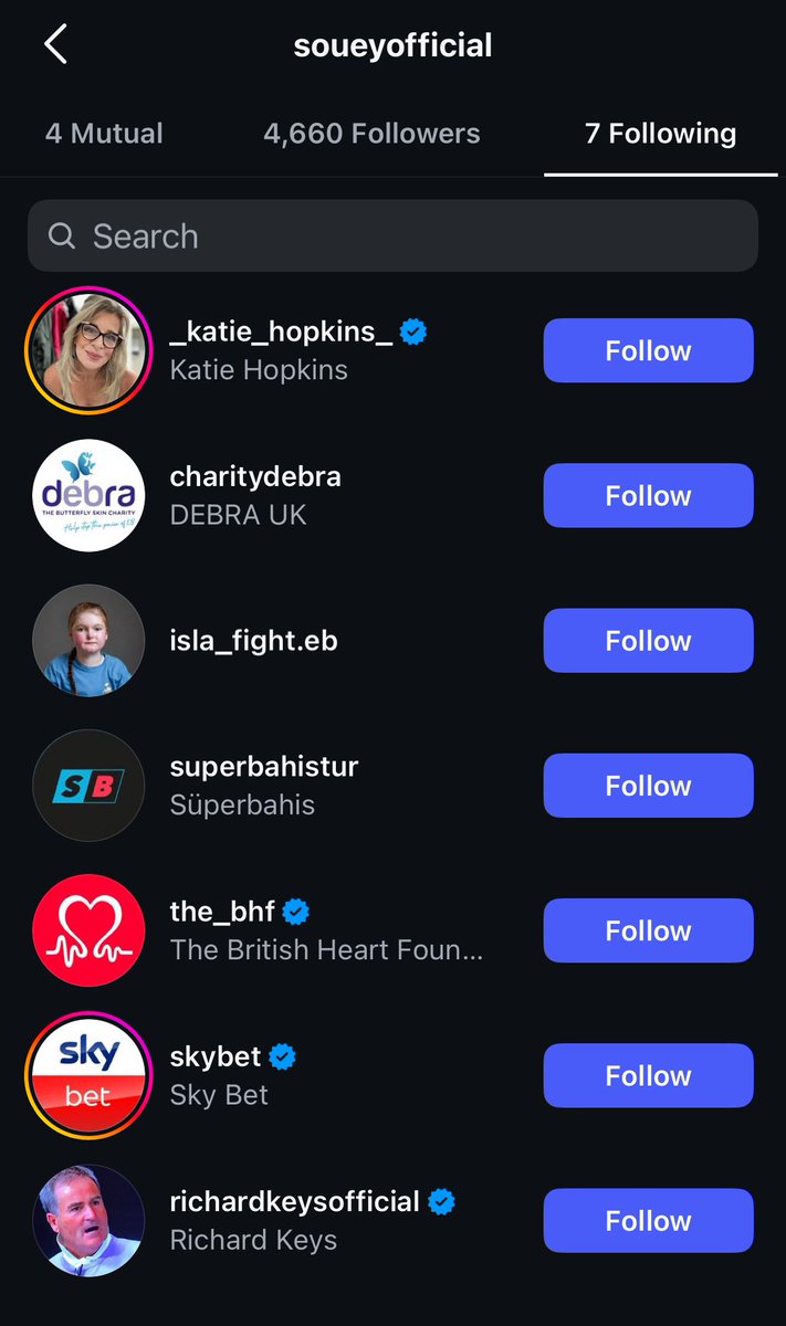 E72___'s tweet image. Souness' following on instagram being Charities, employers, Richard Keys and Katie Hopkins is quite funny to me.