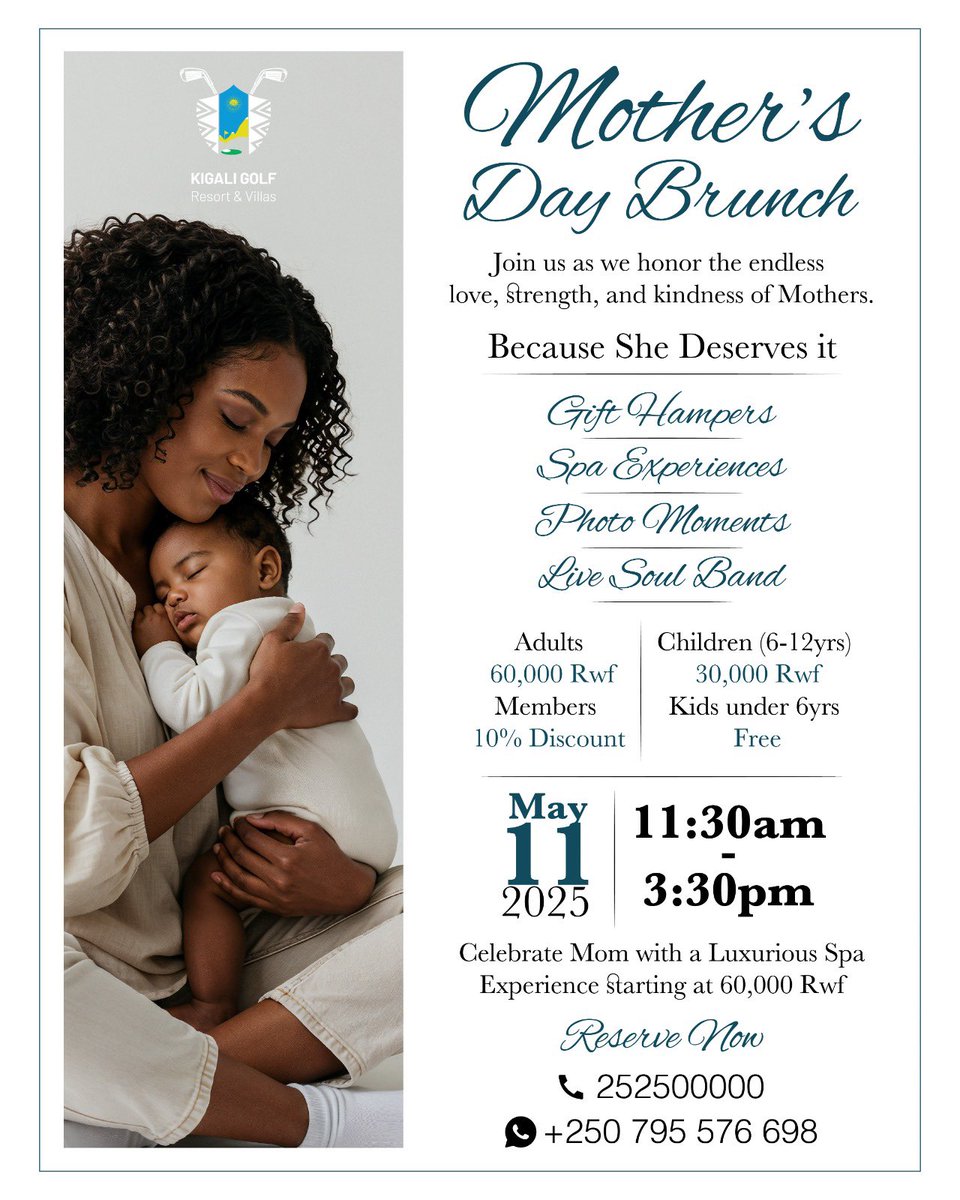 Celebrate the queen of your heart with a delightful Mother's Day Brunch, Treat her to an unforgettable experience of love, laughter, and delicious moments. Reserve your table now and make her day truly special! 

#MothersDayBrunch #CelebrateMom #KigaliGolfResort