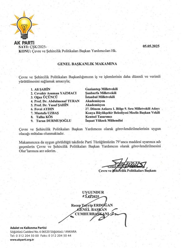 Genel Başkanımız, Cumhurbaşkanımız Sayın <a href="/RTErdogan/">Recep Tayyip Erdoğan</a>’ın tensipleri ve AK Parti Genel Başkan Yardımcımız, Çevre ve Şehircilik Politikaları Başkanımız <a href="/sevilay_tuncerr/">Sevilay TUNCER</a>’ın takdirleriyle, AK Parti Çevre ve Şehircilik Politikaları Başkan Yardımcılığı görevine atanmış bulunmaktayım.
