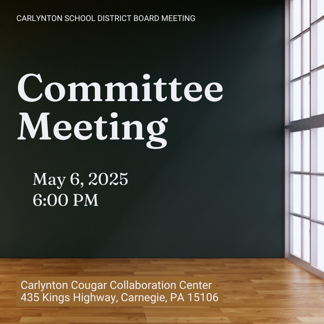 The Carlynton School District Committee Meeting will take place this evening at the Carlynton Junior-Senior High School Cougar Collaboration Center, starting at 6:00 PM.  Please enter through the gym doors.
Tonight's agenda is available on BoardDocs. carlynton.net/school-board/s…