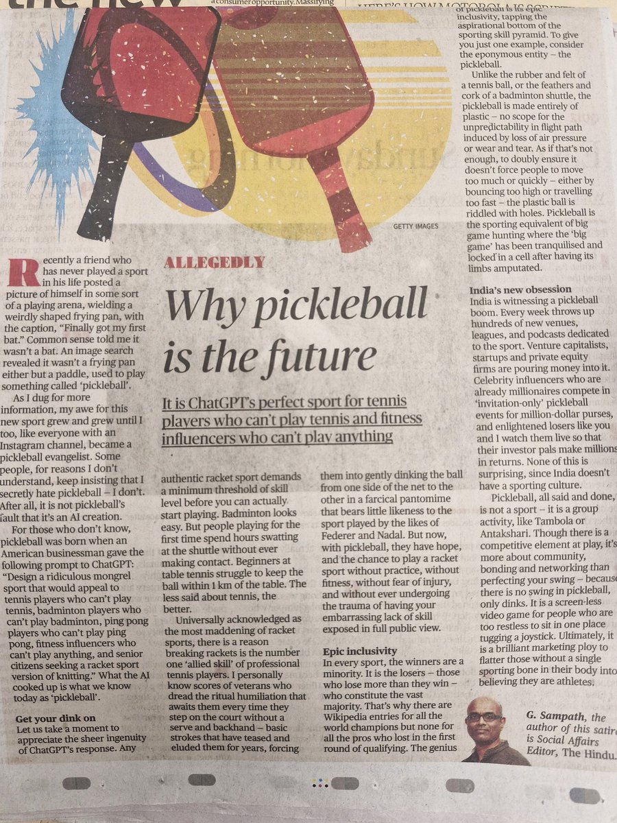 PoojaBD's tweet photo. Everything #pickleball but with a twist (and lots if hilarious turns). Thank you G Sampath for a fun read!  @TheHinduSports 

#Sports #NewAudience #TargetMarkets https://t.co/s6VYvshze4