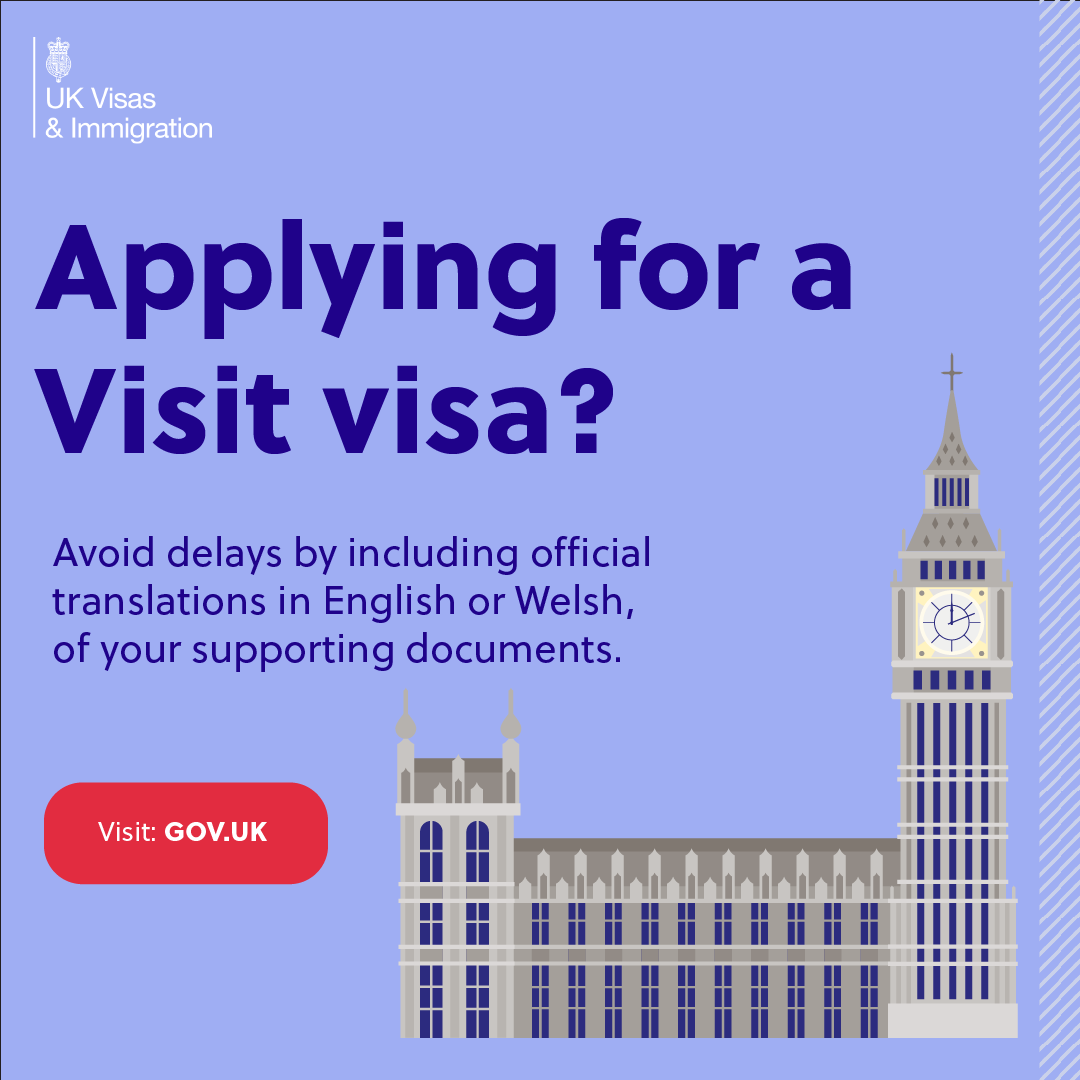 Applying for a Visit visa? 

✍️UK Visa Best Practice: Document translations matter!
 
Remember: 🔤Provide official translations of any documents that  are not in English or Welsh to avoid delays 

Get your documents right: gov.uk/standard-visit… 

#UKVisitVisa