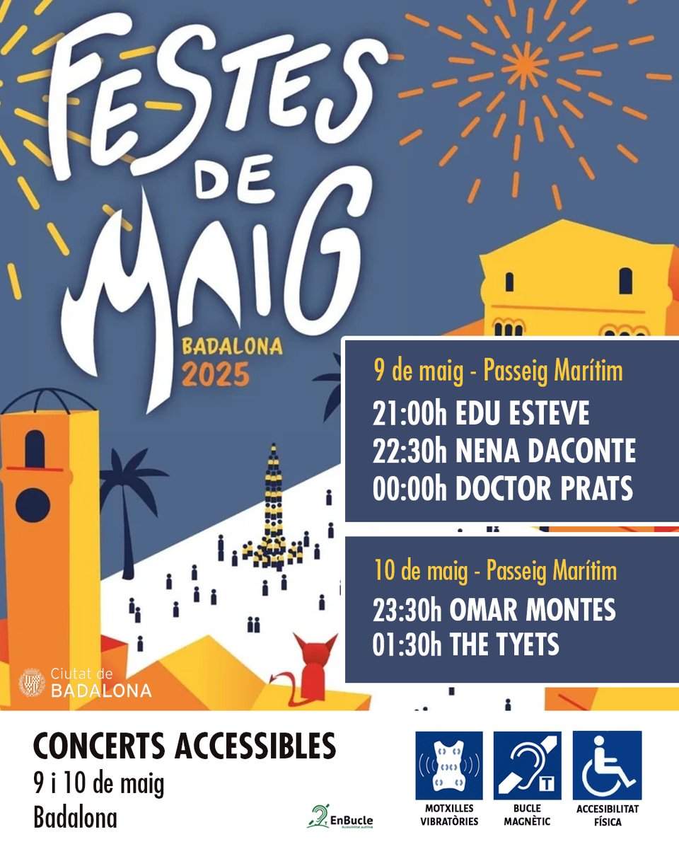🟢 Els dies 9 i 10 de maig vine a gaudir de les <a href="/festesdemaig/">Festes de Maig de Badalona</a> accessibles amb motxilles vibratòries i bucle magnètic. #culturaaccessible #musicaaccessible #FestesdeMaig2025