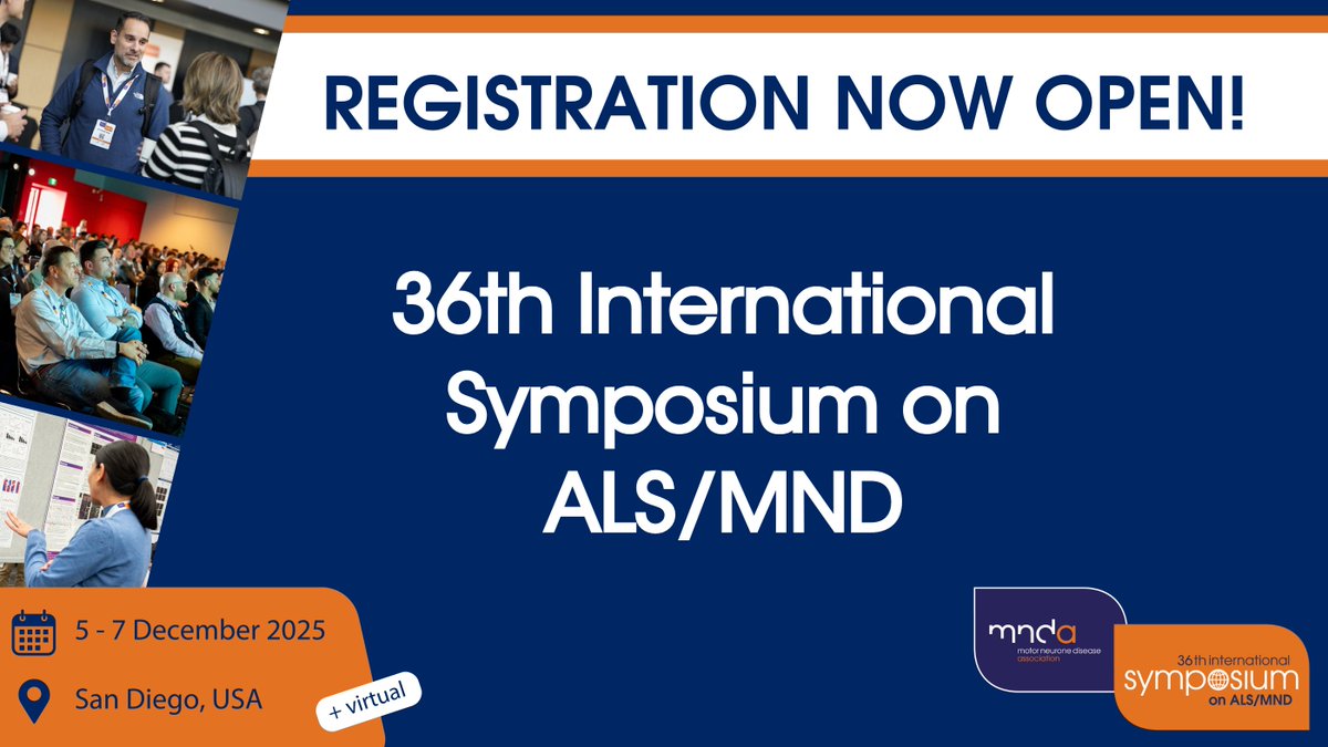 mndresearch's tweet image. 💥Registration and abstract submission now open! 💥
Join us at the 36th International Symposium on #ALS #MND to connect, network and collaborate with the global community.
📆 5 – 7 December 2025
📍San Diego, USA
More details: symposium.mndassociation.org
#alsmndsymp