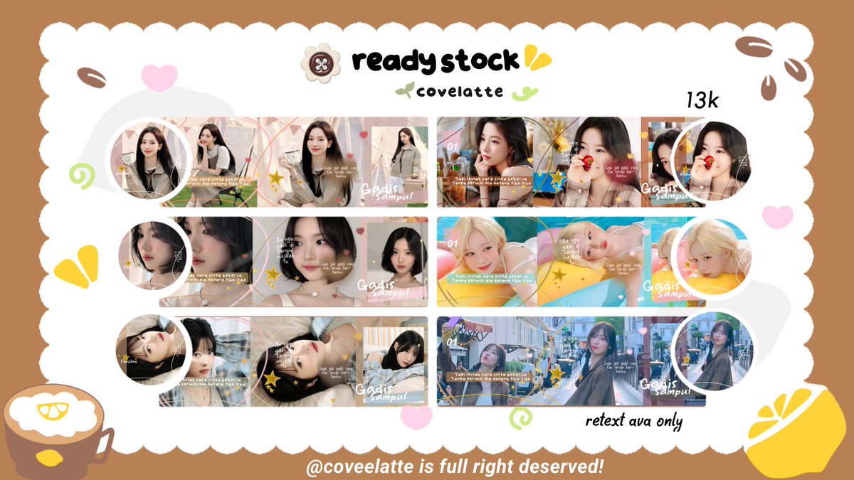 coveelatte's tweet photo. bantu retweet ia, haturnuhun

hai aku punya layout ready stock foto2 baru  dan beberapa layout lamaku aku fs start 5k ya💗 ada karina, carmen, jiwoo, dayeon, eunchae, rei, winter, arin, kazuha
bisa diangkut sekarang juga! yuk jajan🫶🏻 

#zonauang https://t.co/KxohtE2J51