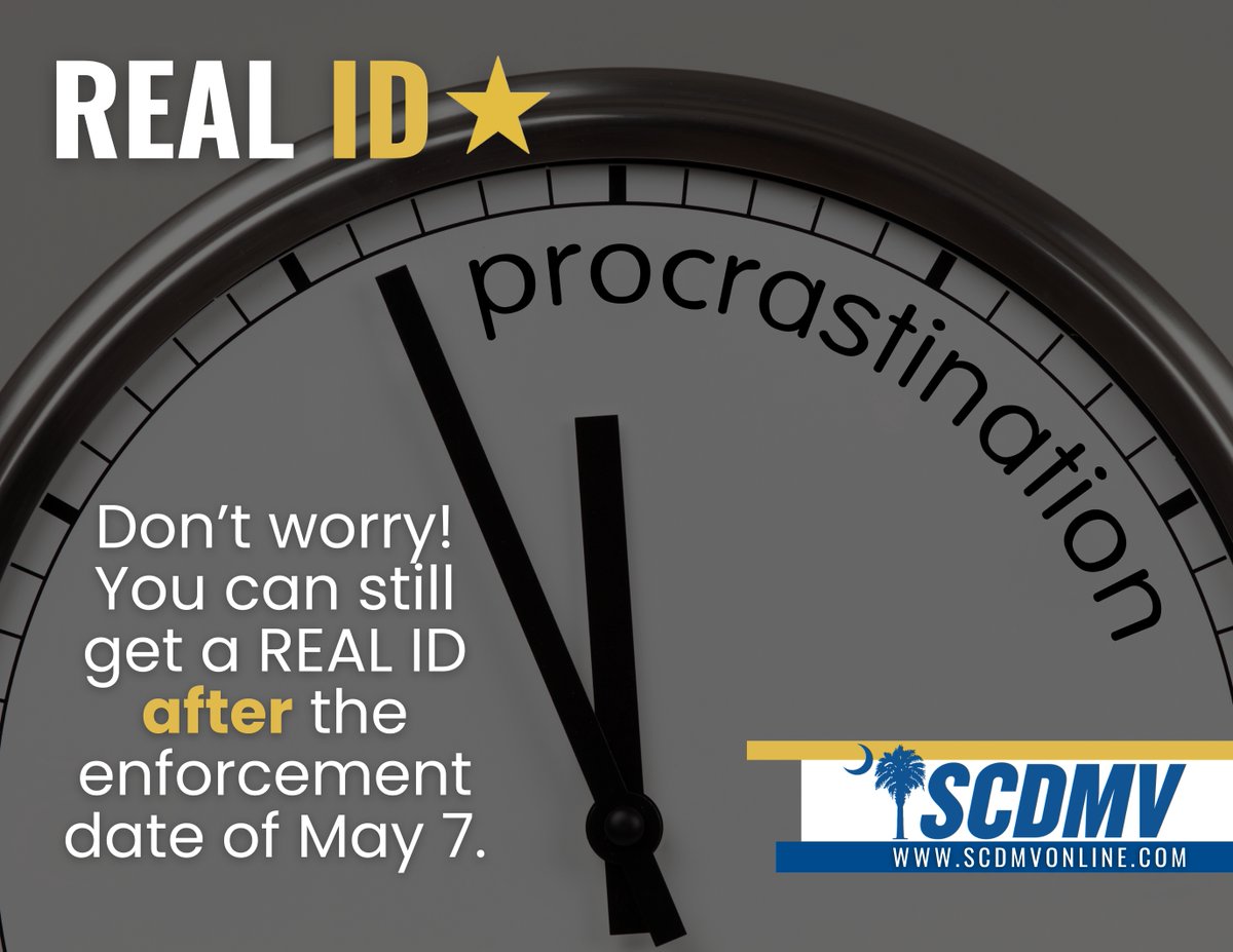 Tomorrow is the May 7, 2025 enforcement date when your South Carolina driver's license or identification card must have a gold star to board domestic flights, enter secure federal buildings, or visit military installations. sc.accessgov.com/motorvehicles/…