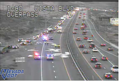 RenoTraffic's tweet photo. I-80 WB closed at Vista

Jeep vs semi crash blocking all lanes.  Fortunately, no injuries, but the bigrig lost its load of sheet metal over all lanes.  WB traffic is being diverted to Exit 21, and allowed to get right back on past the scene.  

Backup about 1-1/2 mi WB,  3 mi EB https://t.co/3lUjLpqHYU