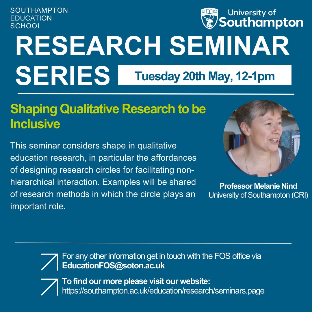 Southampton Education School (@sotoned) on Twitter photo For our next SEdS Research Seminar, we welcome Professor Melanie Nind <a href="/unisouthampton/">University of Southampton</a> <a href="/CRI_UoS/">Centre for Research in Inclusion</a>
'Shaping Qualitative Research to be Inclusive'
๐๏ธTuesday 20th May โฐ12-13:00 For our next SEdS Research Seminar, we welcome Professor Melanie Nind <a href="/unisouthampton/">University of Southampton</a> <a href="/CRI_UoS/">Centre for Research in Inclusion</a>
'Shaping Qualitative Research to be Inclusive'
๐๏ธTuesday 20th May โฐ12-13:00