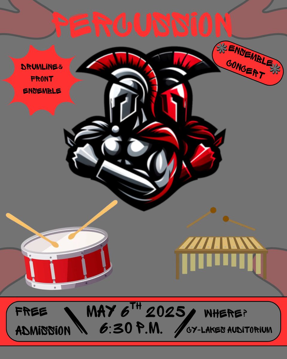 TONIGHT! Our percussion program will be having a Percussion Ensemble Concert in the CyLakes Auditorium at 6:30 PM! Come on down and watch all their hard work from this semester put together in one show! <a href="/CFISDCyLakes/">Cy Lakes HS</a> <a href="/CyLakes_FB/">Cypress Lakes FB</a>  <a href="/cylakeschoir/">CyLakes Choir</a> <a href="/CyLakesLibrary/">Librarian</a>