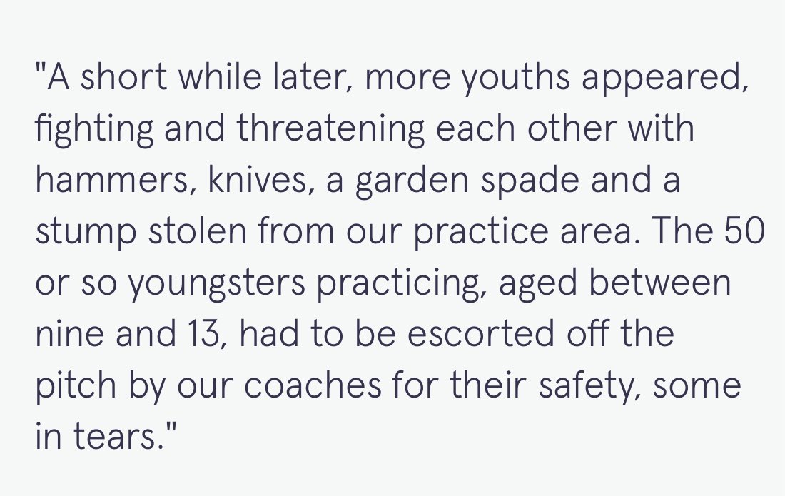 Friday night kids training at the local cricket club in Liverpool. 

Just been sent this by a member of the club. 

Wouldn’t be surprised if the kids didn’t return. Some brilliant clubs up there &amp; folks put in a lot of hard work. 

Just dismal.
