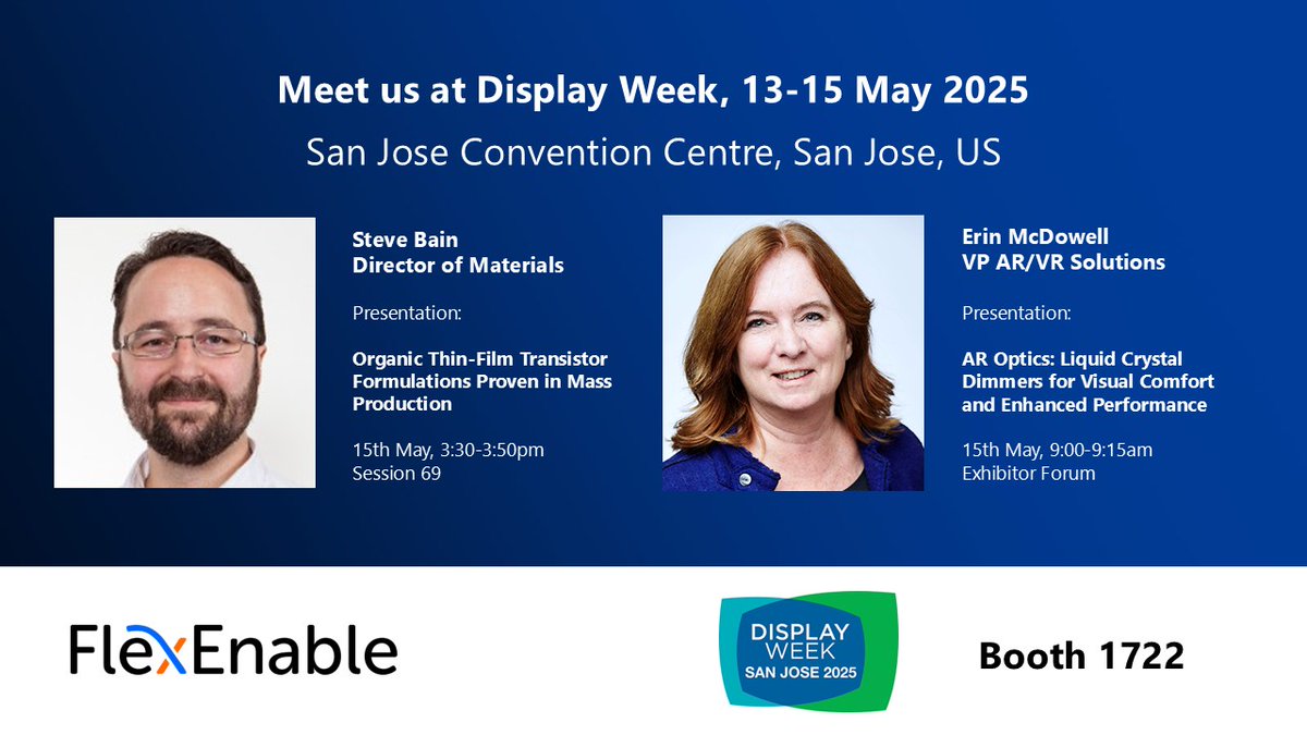 FlexEnable (@flexenable) on Twitter photo Join us at <a href="/DisplayWeekSID/">Society for Information Display</a> in San Jose from 🗓️ 13-15 May 2025! 📍
We’ll be exhibiting at Booth 1722, where the FlexEnable team will be showcasing OTFT flexible ePaper displays and our latest AR optics demos.
#DisplayWeek2025 #OTFT #technology #Innovation Join us at <a href="/DisplayWeekSID/">Society for Information Display</a> in San Jose from 🗓️ 13-15 May 2025! 📍
We’ll be exhibiting at Booth 1722, where the FlexEnable team will be showcasing OTFT flexible ePaper displays and our latest AR optics demos.
#DisplayWeek2025 #OTFT #technology #Innovation