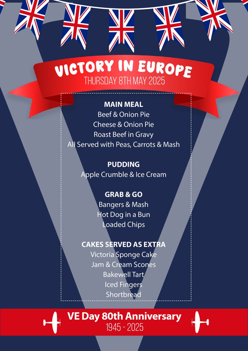 LadybridgeHigh's tweet photo. A wonderful themed menu from our Caterlink team on Thursday to commemorate the 80th anniversary of VE Day π¬π§ #VEDay80 #VEDay #themedmenu https://t.co/BXdSJTIqif