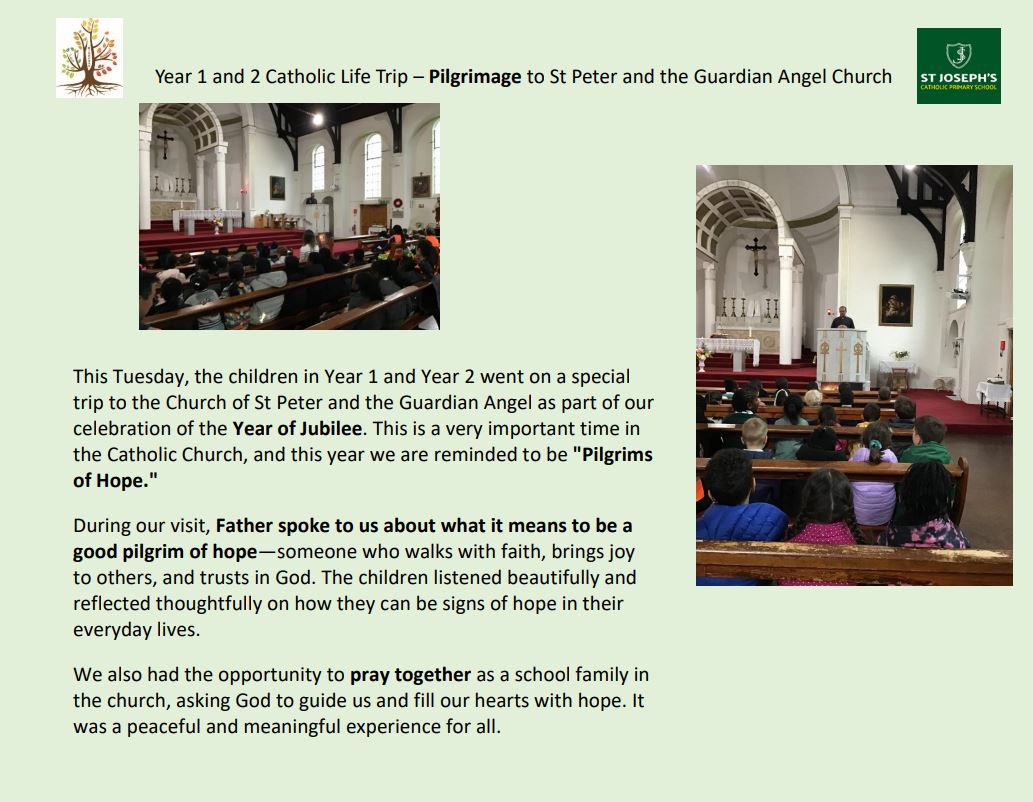 Year 1 &amp; 2 visited St Peter &amp; the Guardian Angel Church for the Year of Jubilee. As Pilgrims of Hope, we prayed together &amp; listened to Fr. speak about spreading faith, joy &amp; trust in God. A beautiful time to reflect &amp; grow in faith. #PilgrimsOfHope