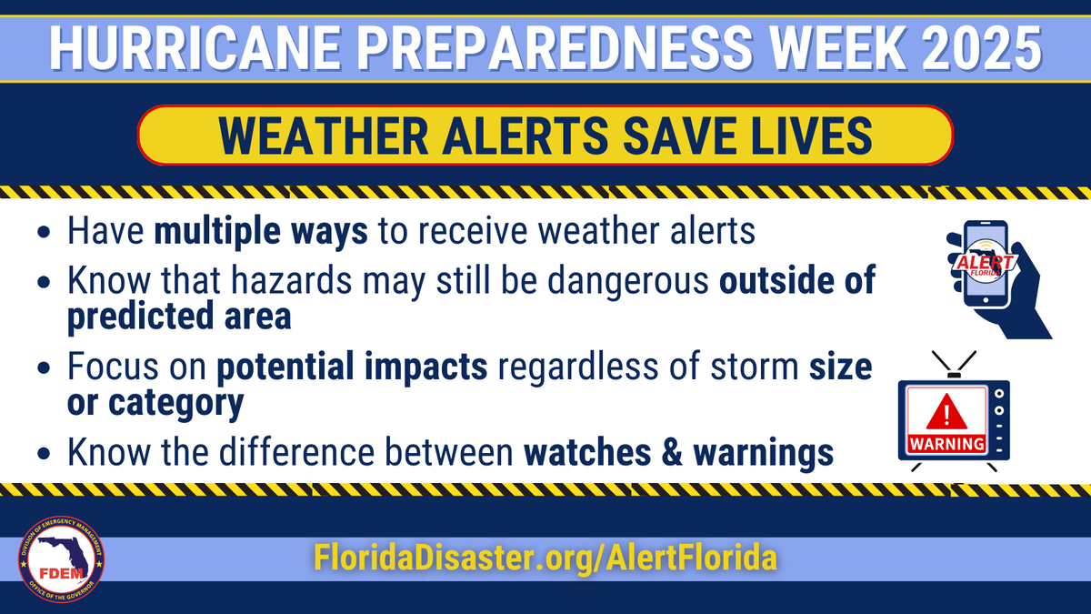 Today’s focus is on understanding weather forecasts. Prepare for hurricane season by knowing about the different alerts &amp; the difference between watches &amp; warnings.

Sign up for local emergency alerts at FloridaDisaster.org/AlertFlorida?c… .