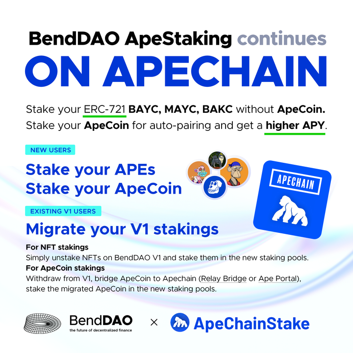 BendDAO's tweet photo. BAYC, MAYC, and BAKC holders โ get ready!
Youโll soon be able to stake your NFTs directly via BendDAO on ApeChain and pair with the ApeCoin pool to earn $APE rewards. ๐ฆ๐ฐ
#BendDAO #ApeChain #ApeCoin #ShadowNFT