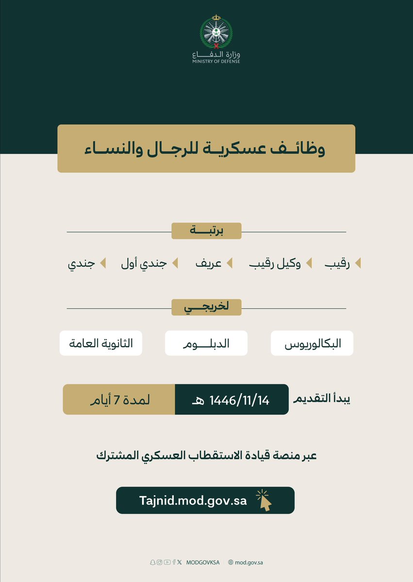 #وزارة_الدفاع تعلن عن بدء استقبال طلبات التقديم على الوظائف العسكرية للرجال والنساء ابتداءً من يوم الاثنين المقبل.

التقديم عبر منصة قيادة الاستقطاب العسكري المشترك:

tajnid.mod.gov.sa