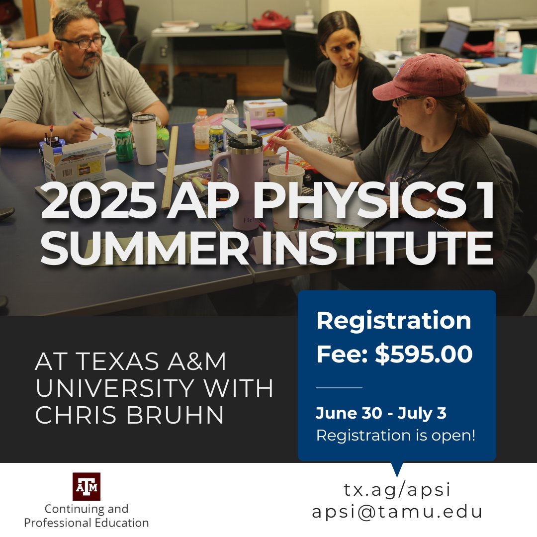 TAMUPhysAstr's tweet photo. Are you an Advanced Placement teacher looking to plan out your next AP course? Then the AP Summer Institutes is the perfect place for you! Registration is open now, so get it while you can! More info avaliable at https://t.co/7FQWCMiOgK
#TAMU #TexasAM #APTest #AP https://t.co/m7Iq7Vbd5z