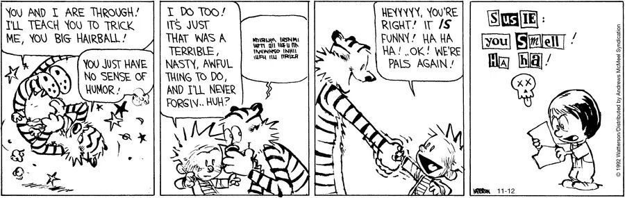 Hobbes admits to the skull letters, and Calvin’s impressed by the art—classic frenemy vibes! 🐅💀 #CalvinAndHobbes #SkullArt