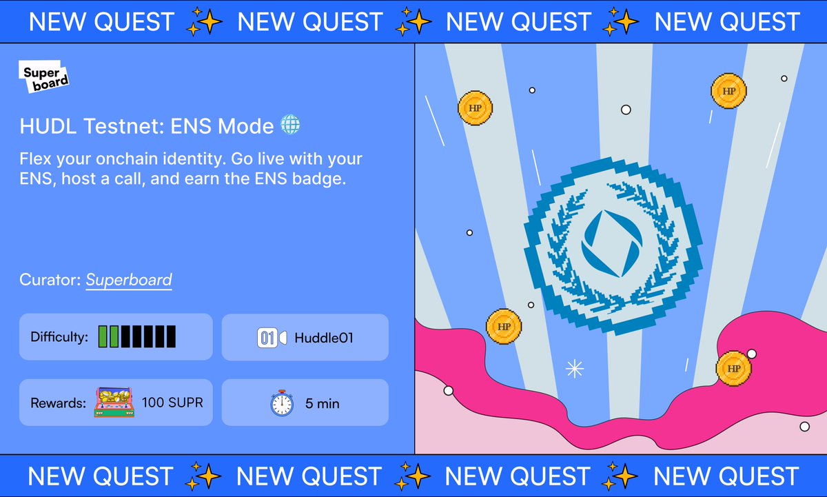 HUDL Testnet: ENS Mode 🌐

<a href="/ensdomains/">ens.eth</a> holders-time to rep your onchain identity. Host the call with your ENS, stay live for 15 mins, and mint the badge that proves it.

ENS crew: superboard.xyz/quests/hudl-te…