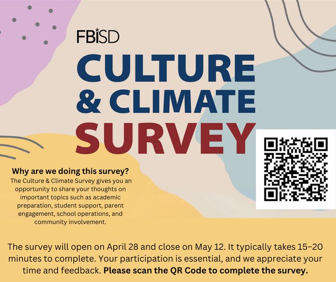 George Bush High School (@bhs_broncos) on Twitter photo 📣 Your Voice Matters! 📣
Help shape the future of our school community by taking the FBISD Culture & Climate Survey by May 12!
🧠 Share your thoughts on academics, support, safety, and more — it only takes 15–20 minutes to make a lasting impact. 💬 Let’s build a stronger 📣 Your Voice Matters! 📣
Help shape the future of our school community by taking the FBISD Culture & Climate Survey by May 12!
🧠 Share your thoughts on academics, support, safety, and more — it only takes 15–20 minutes to make a lasting impact. 💬 Let’s build a stronger