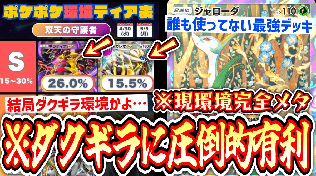 ガチ緊急。

【緊急】※これが環境の答えです。〝ダク×ギラ〟に圧倒的有利が取れる誰も知らない〝ジャローダ〟デッキ教えます。【ポケポケ】【デッキ紹介】【ギラティナダークライ完全メタ】
youtu.be/DO6Cv9FO9Ic?si… <a href="/YouTube/">YouTube</a>より

#ポケポケ #ポケカ　#PokemonTCGPocket