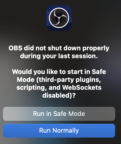 Regardless of if I closed it down properly, OBS won't open normally or in safe mode... Has anybody run into this problem? Everything's updated. I made more room on my Mac. I redownloaded OBS. Nothing. At this point, I don't care if I have to make my entire stream set up again😭
