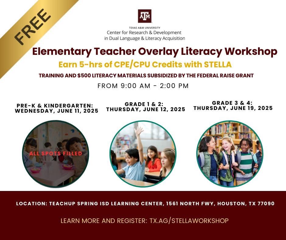 This is a great learning opportunity with <a href="/CRDLLA_TAMU/">CRDLLA</a> learning about STELLA and implementing the research based strategies! Plus it’s free and you get $500 in literacy materials! Don’t miss out! crdlla.tamu.edu/stella/