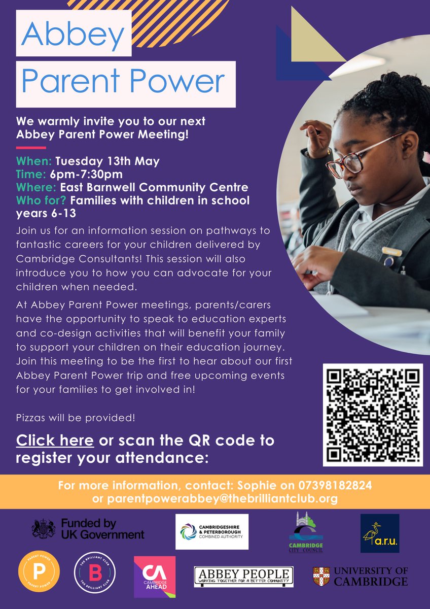 Abbey Parent Power (@abbeypp_) on Twitter photo Parents & carers with children <a href="/Galfrid_Edu/">The Galfrid Primary School</a>, <a href="/MarleighPA/">Marleigh Primary Academy</a> & <a href="/FenDittonPS/">Fen Ditton Primary School</a>, join us at our next Parent Power meeting for an information session on pathways to fantastic careers & how you can #advocate for your children when needed.
📅13th May
⏲️6 - 7:30pm
🍕Pizzas will be provided Parents & carers with children <a href="/Galfrid_Edu/">The Galfrid Primary School</a>, <a href="/MarleighPA/">Marleigh Primary Academy</a> & <a href="/FenDittonPS/">Fen Ditton Primary School</a>, join us at our next Parent Power meeting for an information session on pathways to fantastic careers & how you can #advocate for your children when needed.
📅13th May
⏲️6 - 7:30pm
🍕Pizzas will be provided