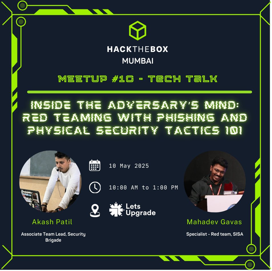 Announcing <a href="/hackthebox_eu/">Hack The Box</a> Mumbai Meetup #10! 

📅 Date: Saturday, May 10, 2025 
🕒 Time: 10:00 AM - 1:00 PM IST 
📍 Venue: ITM IDM, Andheri, Mumbai
(lnkd.in/deYf_pgr)

RSVP: lnkd.in/dgi8V-Uu

#hackthebox #hacktheboxmeetup #cybersecurity #penetrationtesting