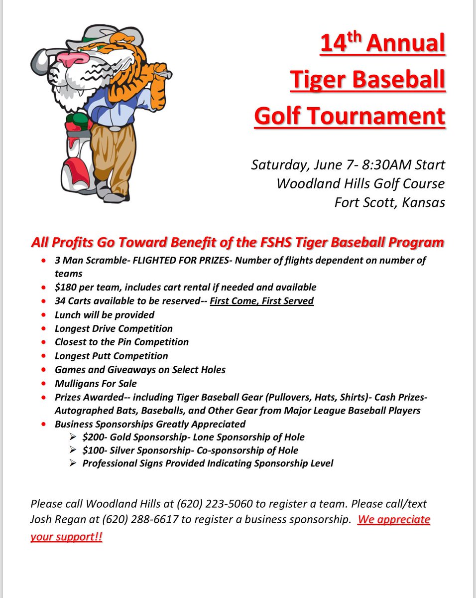 2025 Tiger Baseball Golf Tournament

Contact Woodland Hills Golf Course to register a team.
Contact Coach Regan to purchase a hole sponsorship.

Thank you for your support year after year! It goes directly to make the experience special for our players!