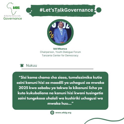 Action for Democratic Governance (A4DG). (@action4dg) on Twitter photo Jambo..!
Ilikuwa ni tajamala sana kuwa na Kijana mwenzetu <a href="/MkanzaIdd/">Idd Mkanza</a> ambaye ni Mwenyekiti wa Jukwaa la Majadiliano ya Vijana chini ya TCD. Hizi hapa ni sehemu ya nukuu wakati wa mdahalo wetu juu ya Kanuni za Maadili ya Uchaguzi za mwaka 2025.
#Action4DGTz | #SisiNiDwmokrasia Jambo..!
Ilikuwa ni tajamala sana kuwa na Kijana mwenzetu <a href="/MkanzaIdd/">Idd Mkanza</a> ambaye ni Mwenyekiti wa Jukwaa la Majadiliano ya Vijana chini ya TCD. Hizi hapa ni sehemu ya nukuu wakati wa mdahalo wetu juu ya Kanuni za Maadili ya Uchaguzi za mwaka 2025.
#Action4DGTz | #SisiNiDwmokrasia