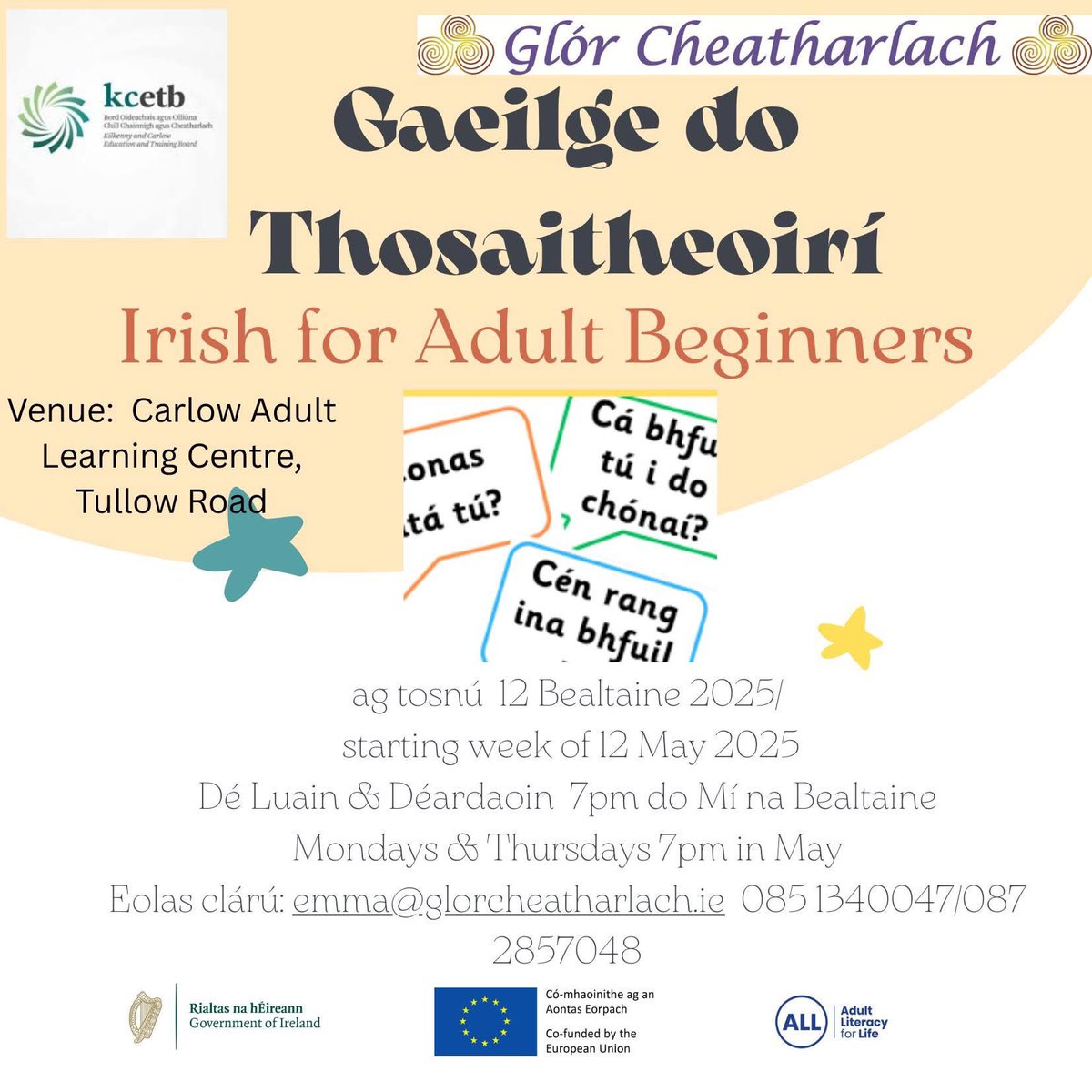 Glór Cheatharlach (@glorcheath) on Twitter photo A Chairde, beidh rang Gaeilge nua i gcomhar le KCETB, Gaeilge do Thosaitheoirí, ag tosnú an tseachtain seo chugainn i gCeatarlach.
A brand new Irish Class, Irish for Adult Beginners, will start next week in Carlow in conjunction with KCETB.
<a href="/KCETB/">Kilkenny and Carlow ETB (KCETB)</a> A Chairde, beidh rang Gaeilge nua i gcomhar le KCETB, Gaeilge do Thosaitheoirí, ag tosnú an tseachtain seo chugainn i gCeatarlach.
A brand new Irish Class, Irish for Adult Beginners, will start next week in Carlow in conjunction with KCETB.
<a href="/KCETB/">Kilkenny and Carlow ETB (KCETB)</a>