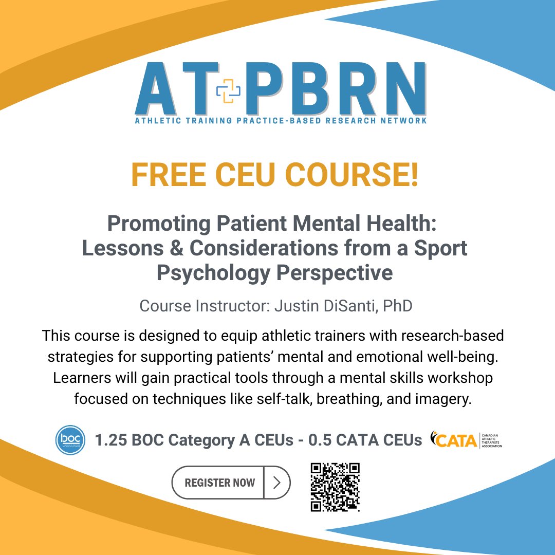 May is Mental Health Awareness Month! 🧠

Boost your confidence in supporting patient well-being by learning practical mental skills like self-talk, imagery, and breathing with this FREE CEU course. 

Register now using the QR code!
#MentalHealth #AthleticTraining #CEUs #ATPBPRN