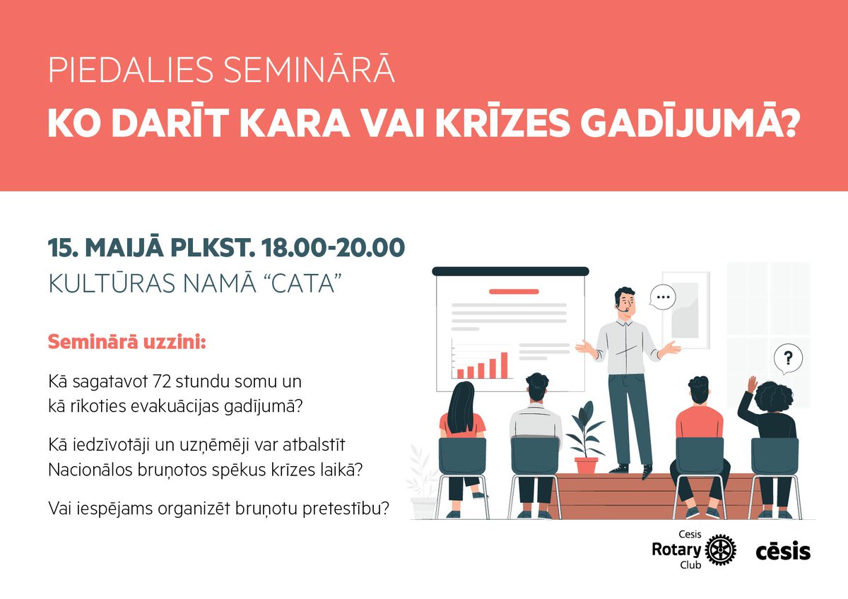 Aicinām uz sarunu – Ko darīt kara vai krīzes gadījumā? 🧐

Cēsīs, kultūras namā “CATA” 15. maijā no plkst. 18.00 līdz plkst. 20.00 aicinām iedzīvotājus uz nozīmīgu informatīvo pasākumu “Ko darīt kara vai krīzes gadījumā?”.📍
cesis.lv/lv/novads/aktu…