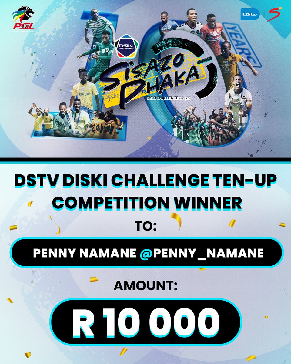 Asidlali (@asidlali) on Twitter photo Congratulations to our #DiskiTenUp competition winner <a href="/penny_namane/">Penny Namane</a>. π
Youβve scored R10 000 just for celebrating 10 years of the #DStvDiskiChallenge with us! β½ππ₯
#Asidlali #SisazoPhaka Congratulations to our #DiskiTenUp competition winner <a href="/penny_namane/">Penny Namane</a>. π
Youβve scored R10 000 just for celebrating 10 years of the #DStvDiskiChallenge with us! β½ππ₯
#Asidlali #SisazoPhaka