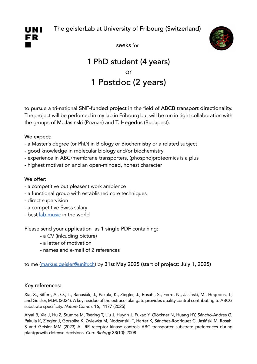 One more PhD/postdoc position in the geislerLab in beautiful Switzerland on ABCG transporters (deadline May 31). Please forward....