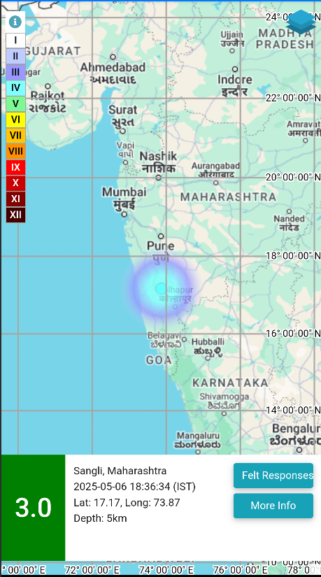 EQ of M: 3.0, On: 06/05/2025 18:36:34 IST, Lat: 17.17 N, Long: 73.87 E, Depth: 5 Km, Location: Sangli, Maharashtra. 
For more information Download the BhooKamp App 
riseq.seismo.gov.in/riseq/earthqua… 
<a href="/DrJitendraSingh/">Dr Jitendra Singh</a> 
<a href="/OfficeOfDrJS/">Office of Dr. Jitendra Singh</a> 
<a href="/Ravi_MoES/">Ravi</a>  
<a href="/Dr_Mishra1966/">Dr. O. P. Mishra</a> 
<a href="/ndmaindia/">NDMA India | राष्ट्रीय आपदा प्रबंधन प्राधिकरण 🇮🇳</a>