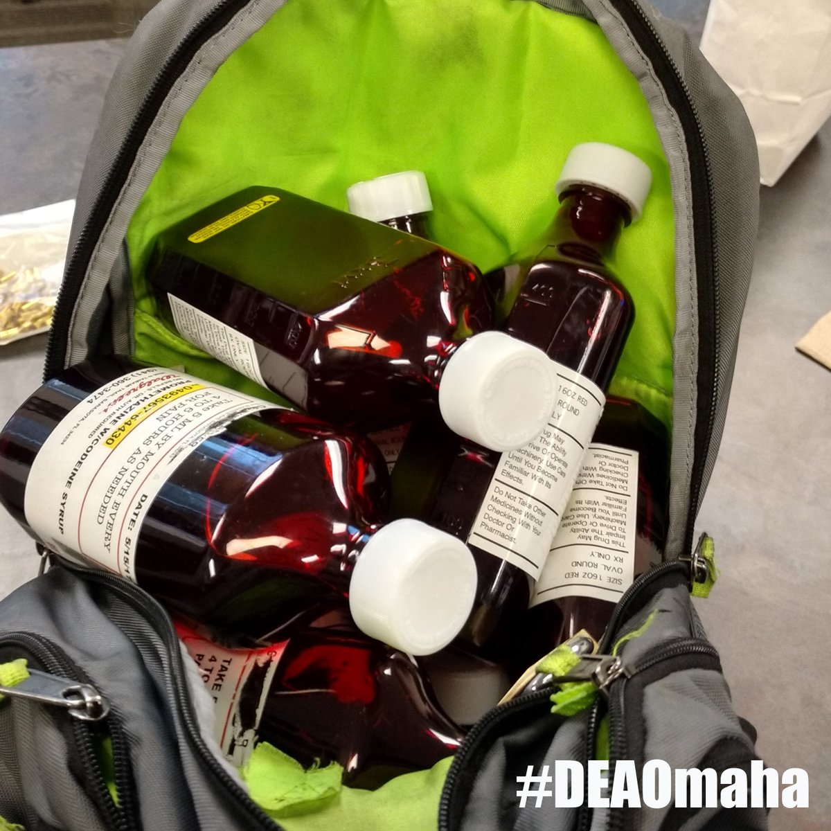 DEAOmahaDiv's tweet image. If your kid&apos;s backpack contains this much cough syrup, it may be time to have a talk. Prescription cough medicines that contain #promethazine or #codeine are sometimes combined with #soda &amp;amp; #candy in a drink called #lean or #sizzurp. 🫗
justthinktwice.gov/article/what-l…