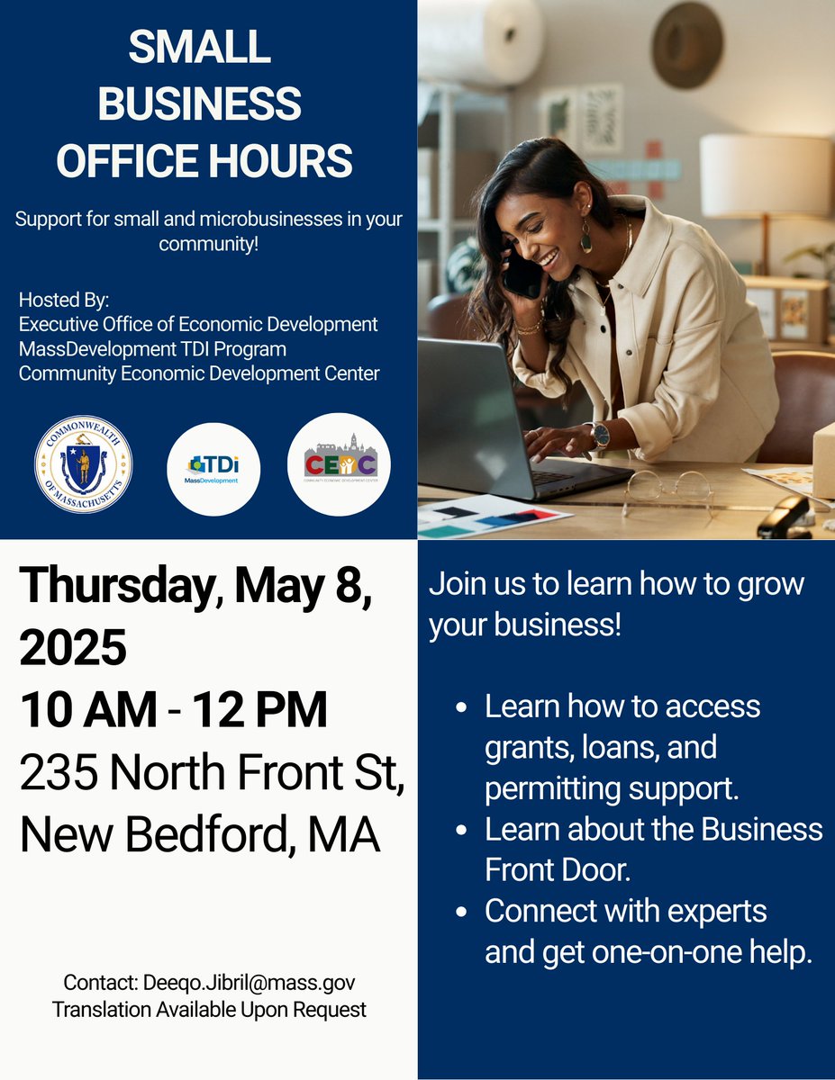 MassEOED's tweet image. To mark National Small Business Month, the Executive Office of Economic Development is hitting the road with events across the Commonwealth. Through workshops and office hours, we are connecting entrepreneurs with tools, resources and one-on-one support.