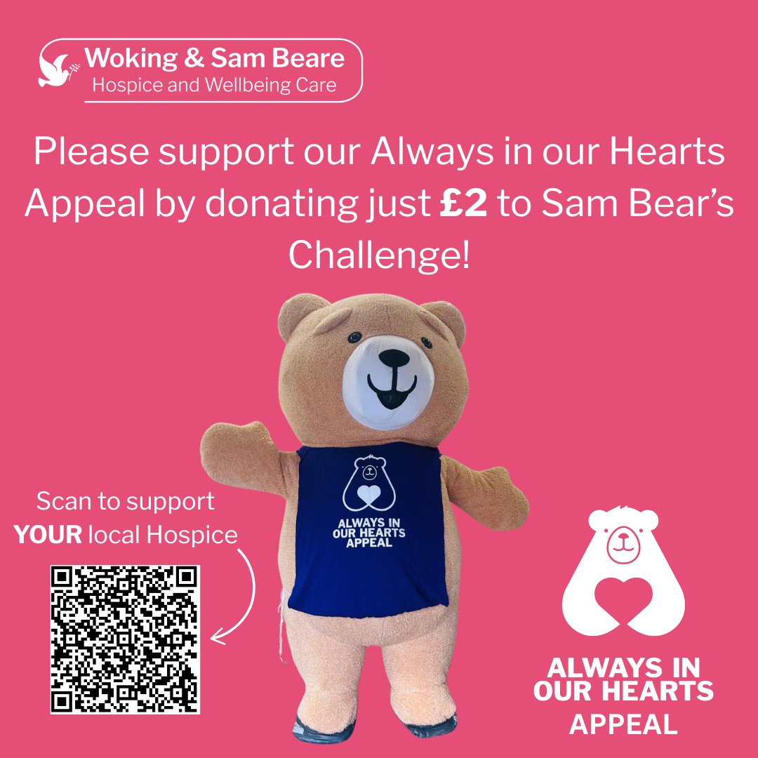 Please support our #Alwaysinourheartsappeal and help Sam Bear hit his target!

Every penny goes towards helping to care for patients at YOUR local Hospice. If everyone gives £2 it will make all the difference to the lives of patients living in your community💗
