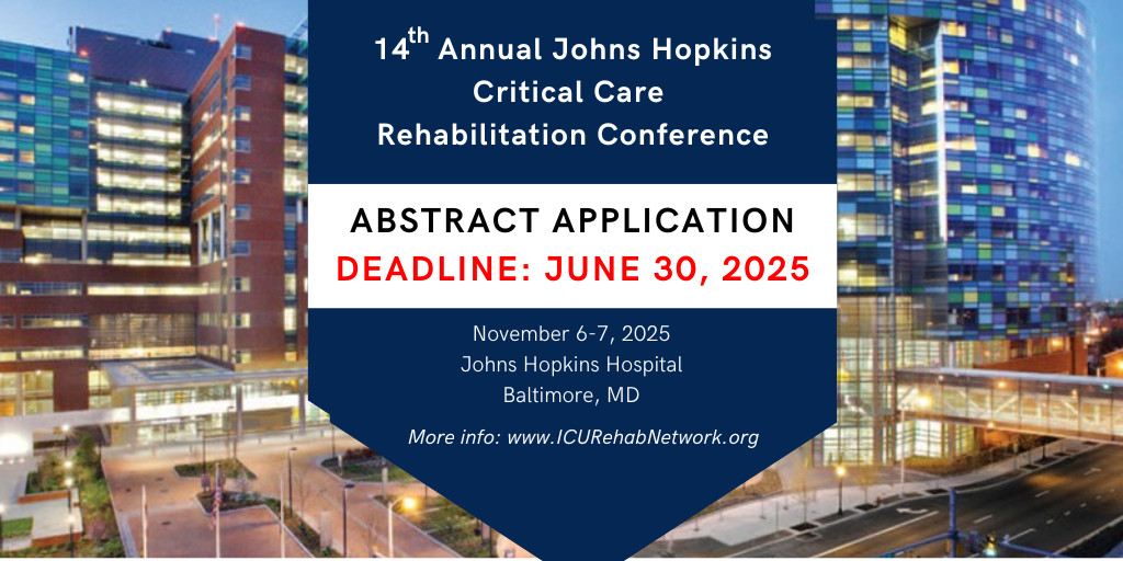 NIDUS Delirium Network (@nidus_delirium) on Twitter photo Important Deadline for
<a href="/NIDUS_Delirium/">NIDUS Delirium Network</a>-supported event!
The 14th <a href="/HopkinsMedicine/">Johns Hopkins Medicine</a>
@ICURehab Conference
Abstract deadline:
June 30, 2025
In-Person Conference:
Johns Hopkins Hospital
Nov 6-7, 2025
Register & Info:
ICURehabnetwork.org Important Deadline for
<a href="/NIDUS_Delirium/">NIDUS Delirium Network</a>-supported event!
The 14th <a href="/HopkinsMedicine/">Johns Hopkins Medicine</a>
@ICURehab Conference
Abstract deadline:
June 30, 2025
In-Person Conference:
Johns Hopkins Hospital
Nov 6-7, 2025
Register & Info:
ICURehabnetwork.org