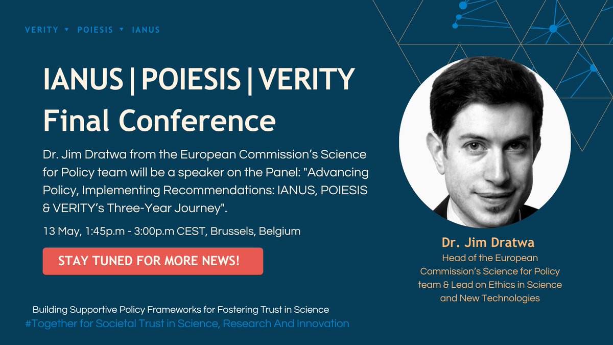 POIESIS project (@poiesis_project) on Twitter photo We are excited to welcome Dr. Jim Dratwa as a speaker at the <a href="/IanusProject/">IANUS Project / @ianus-project.bsky.social</a> | <a href="/poiesis_project/">POIESIS project</a> | <a href="/VerityEU/">VERITY</a> Final Conference!
🗓 13 May | 13:45 –15:00 CEST, Brussels
🔎 Panel: "Advancing Policy, Implementing Recommendations"
👉Know more here: acumenist.com/joint-final-ve… . We are excited to welcome Dr. Jim Dratwa as a speaker at the <a href="/IanusProject/">IANUS Project / @ianus-project.bsky.social</a> | <a href="/poiesis_project/">POIESIS project</a> | <a href="/VerityEU/">VERITY</a> Final Conference!
🗓 13 May | 13:45 –15:00 CEST, Brussels
🔎 Panel: "Advancing Policy, Implementing Recommendations"
👉Know more here: acumenist.com/joint-final-ve… .