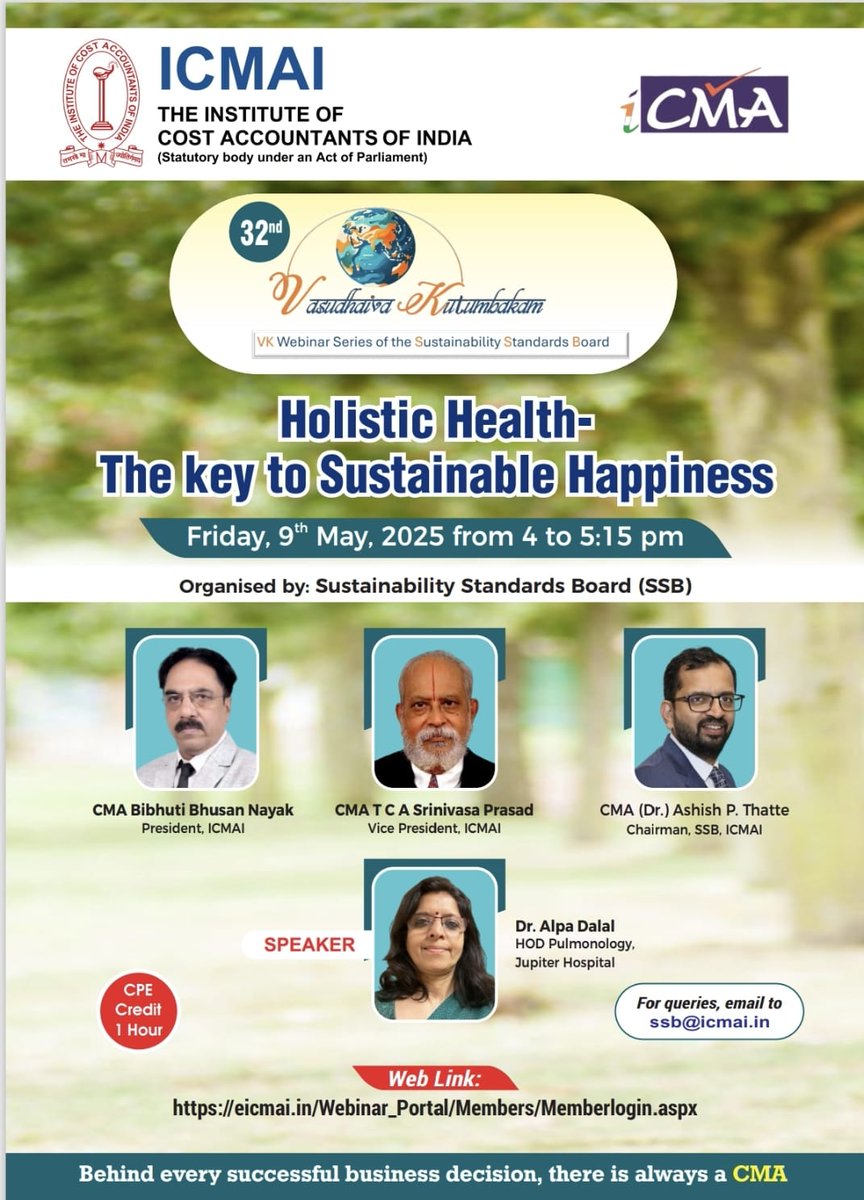 CMA Madhuri Kashyap (@icmainirc) on Twitter photo Holistic Health - The Key to substainable Happiness
#cma #icmai <a href="/AshishThatte/">CMA (Dr) Ashish Thatte</a> <a href="/cmaclubindia/">CMA Sandeep Kumar</a> <a href="/CMAPappan/">CMA HP Pappan Bhai</a> Holistic Health - The Key to substainable Happiness
#cma #icmai <a href="/AshishThatte/">CMA (Dr) Ashish Thatte</a> <a href="/cmaclubindia/">CMA Sandeep Kumar</a> <a href="/CMAPappan/">CMA HP Pappan Bhai</a>