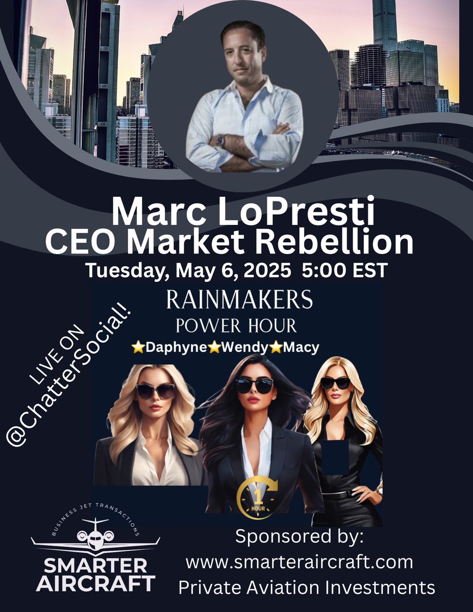 Join <a href="/MacyNelson13/">MacyNelson</a> , <a href="/She_Aspires/">Daphyne Christine</a> and myself today as we interview the legendary <a href="/MXLESQ/">Marc X. LoPresti</a> CEO of <a href="/MarketRebels/">Market Rebellion</a> today at 5:00 EST on <a href="/Chatter_US/">Chatter</a> on The Rainmakers Power Hour Podcast!📈📊🎙️

Want to participate in the live audience and ask Marc questions? DM me for an invite!