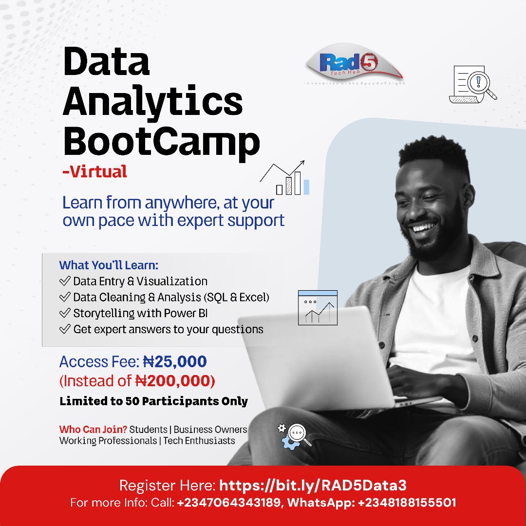 Data Analytics Virtual Bootcamp
Register Now: bit.ly/RAD5Data3

For more info: Call +2347064343189 | WhatsApp: +2348188155501

#rad5techhub #dataanalytics #businessanalytics #VirtualDataAnalytics