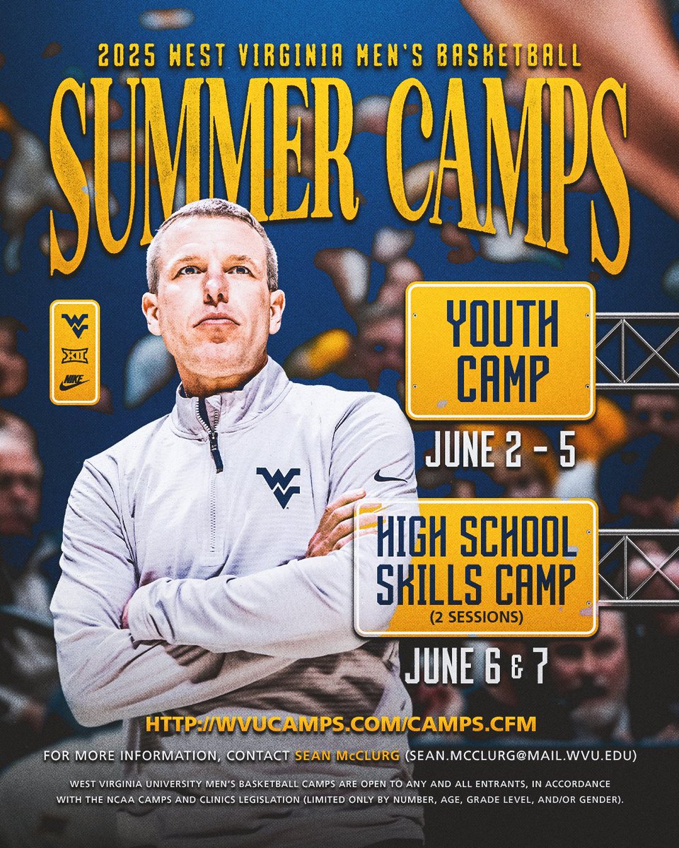 WVU Men's Basketball (@wvuhoops) on Twitter photo Summer basketball in Morgantown! See you at camp ๐โบ๏ธ
Contact Sean McClurg (sean.mcclurg@mail.wvu.edu) for more info โ Register at WVUCAMPS.com Summer basketball in Morgantown! See you at camp ๐โบ๏ธ
Contact Sean McClurg (sean.mcclurg@mail.wvu.edu) for more info โ Register at WVUCAMPS.com