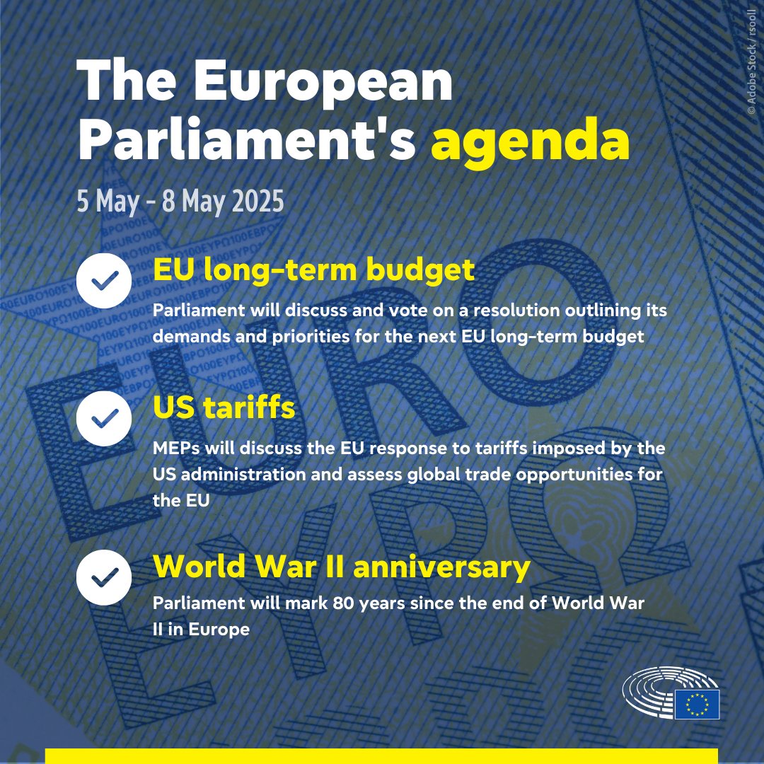 Parliament is meeting this week for plenary - here's just some of what is being discussed by your MEPS:

💶 EU long-term budget
📈 US tariffs &amp; global trade opportunities
💐 80 year anniversary of WWII

Find the full briefing of this week's agenda here 👉 europarl.europa.eu/news/en/agenda…