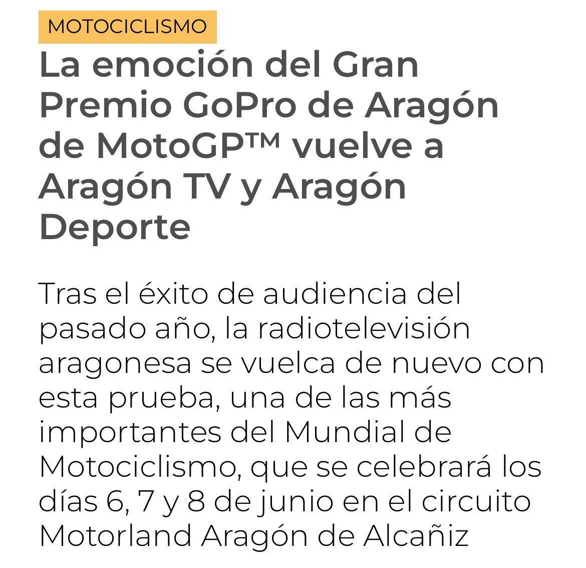 MedF1osTV's tweet photo. 🚨 Comunicado prensa @aragontv 🚨 “La emoción del GP Aragón de @MotoGP vuelve a Aragón TV y Aragón Deporte”. 

📺 22 horas de directo a lo largo del fin de semana.

🎙️ Con @J_SanMartin @JuditFlorensa @Rauljara44 🔝

🎤 Desde paddock con @Pi_Soro @Bea12Bm y @JaviCebollaE 🙌🏽 https://t.co/vf3qPw5T2H